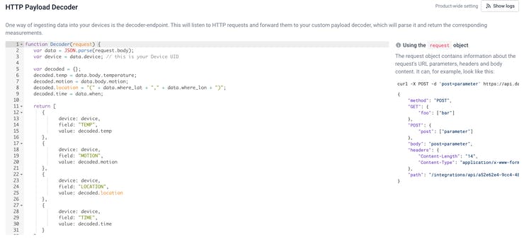 Datacake decoder that takes in the data and formats it for the fields
