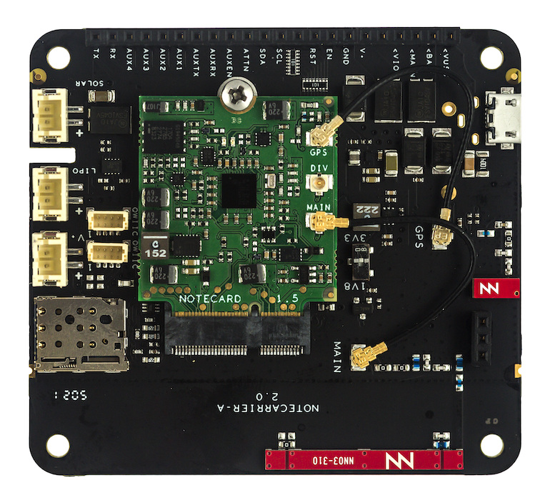 A Notecard connected to a Notecarrier-A, with both antenna attached