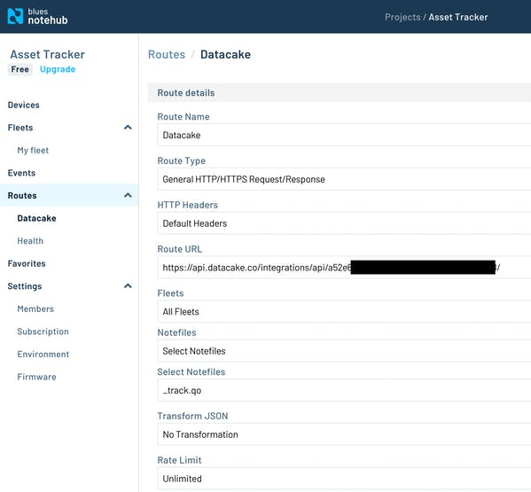 How to set Datacake route in Notehub to send data over