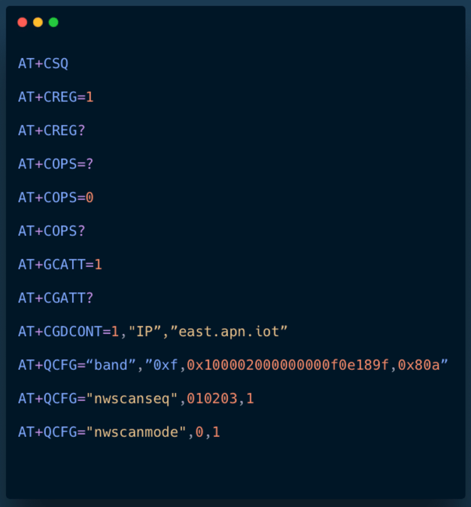 An example of AT commands for controlling a cellular IoT device.