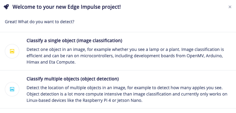 User UI Edge Impulse, "Welcome" page
