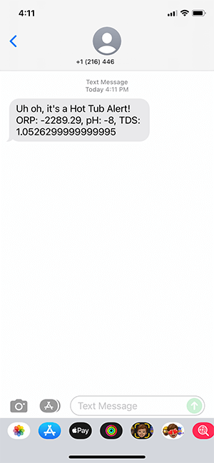 Texts alerting the hot tub's water quality is out of acceptable ranges