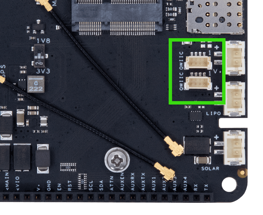 qwiic ports highlighted in green on circuit board