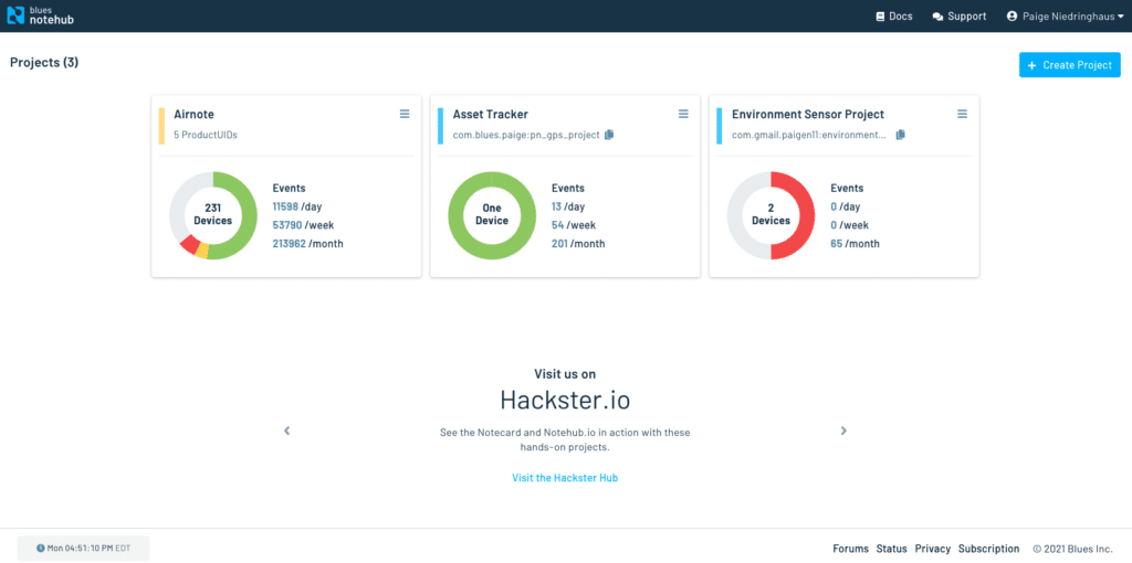 Notehub.io project dashboard