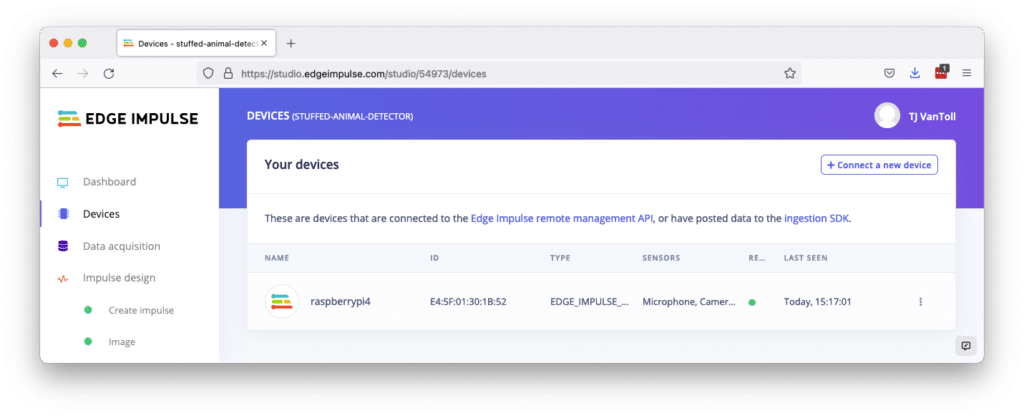 Edge Impulse UI "Your Devices" page