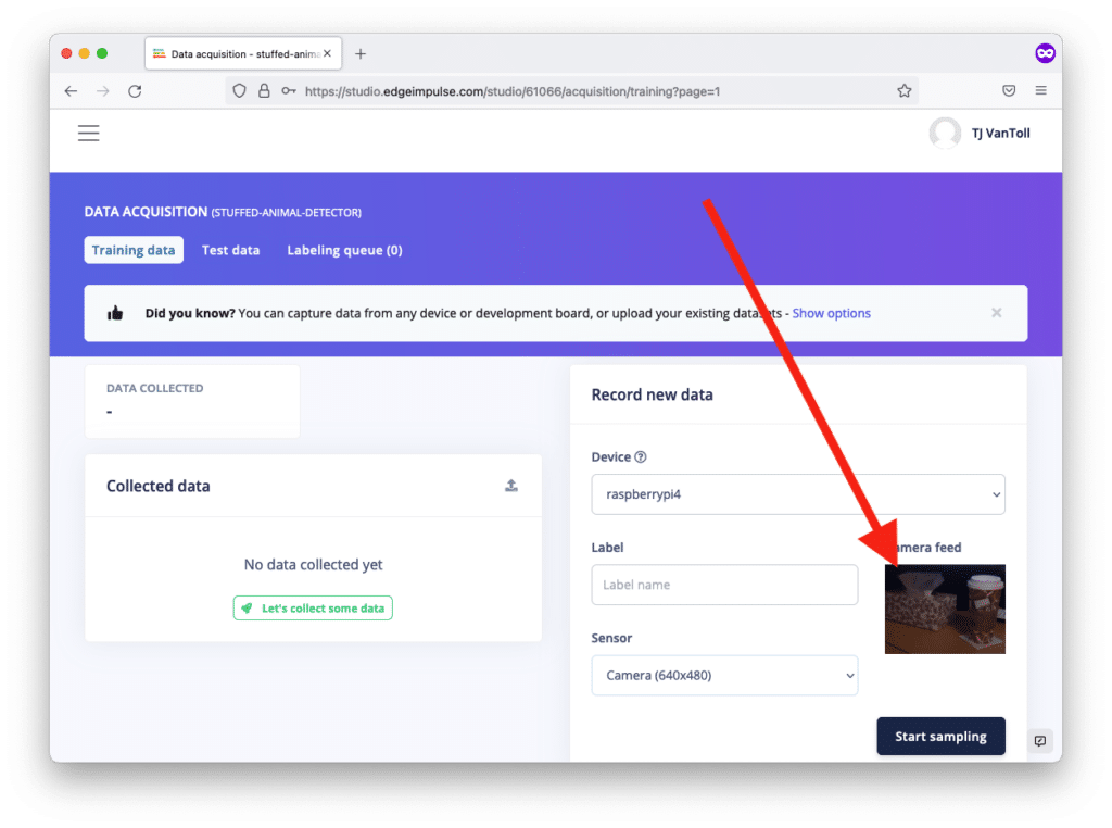 Edge Impulse UI Record New Data section and fields