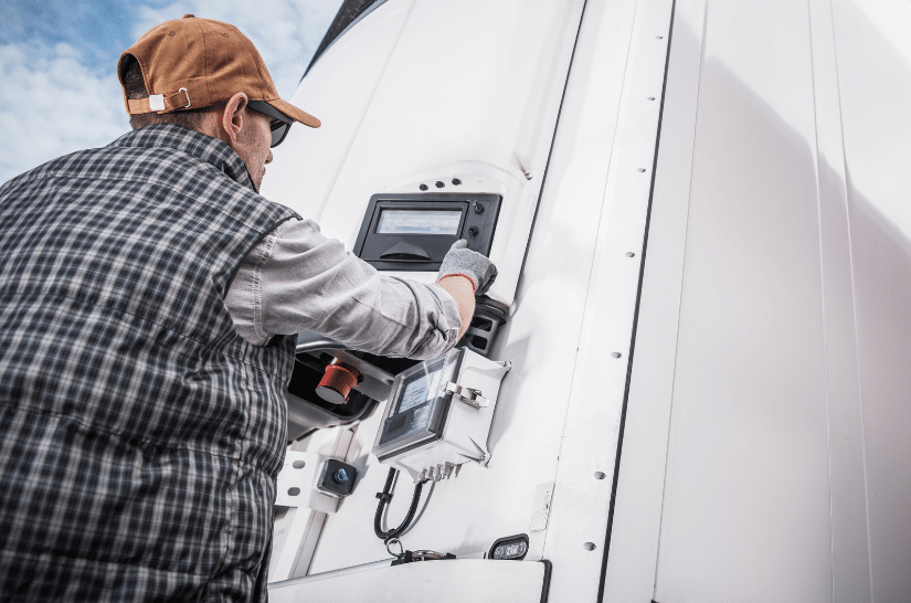 tech looking at electronics of a refrigerated container