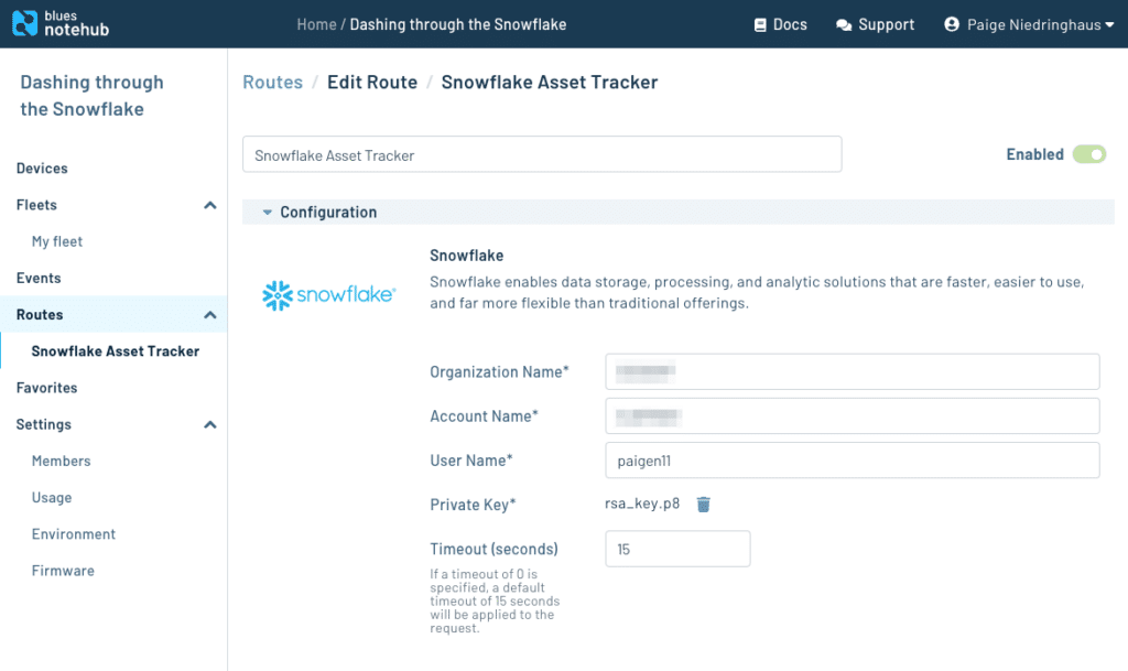 Example of creating a Snowflake route in a Notehub project.