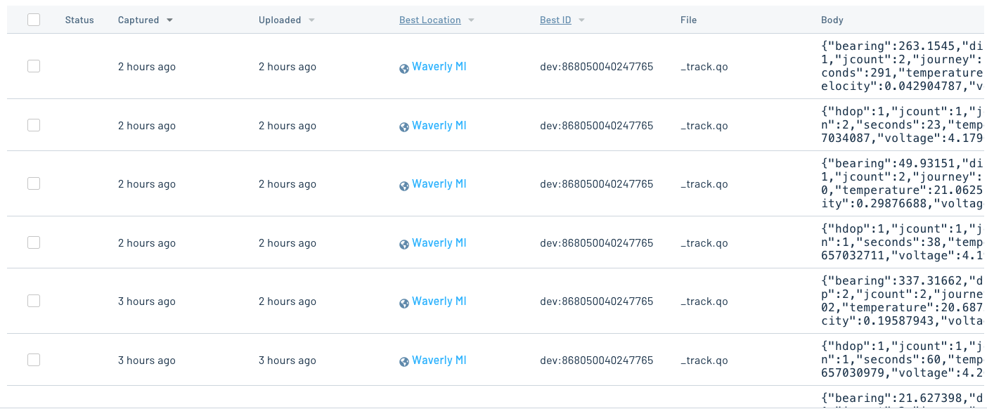 An example listing of _track.qo events