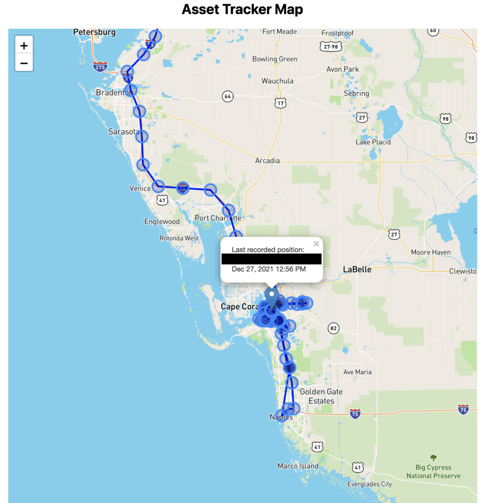 React Leaflet map displaying Notecard GPS coordinates over time.