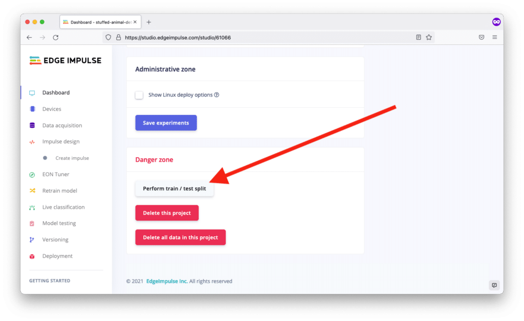Edge Impulse UI Danger Zone section