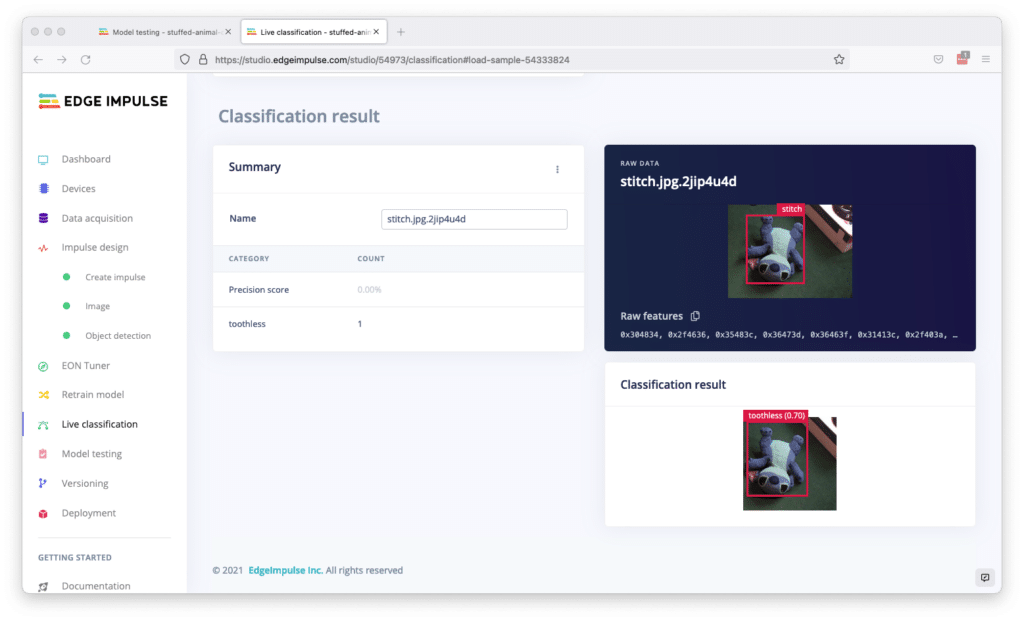 Classification result section of Stitch doll imaging